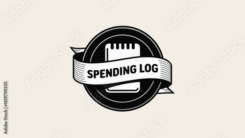 A black and white spending log emblem featuring a notebook graphic and ribbon banner design element