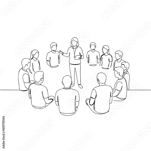 Group of people sitting in a circle with a leader speaking  