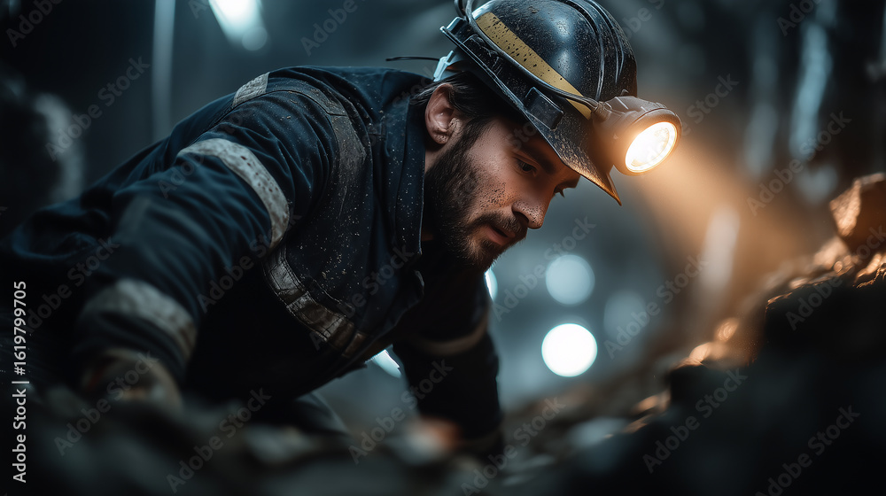Fototapeta premium Focused underground miner with headlamp working in dark rocky tunnel environment
