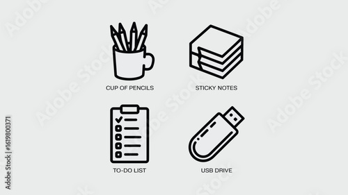 A simple line drawing of office supplies including pencils sticky notes a to do list and a usb drive