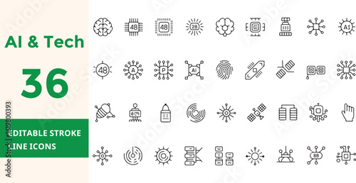Set of Thirty Six Editable Stroke Line Icons Depicting AI and Technology