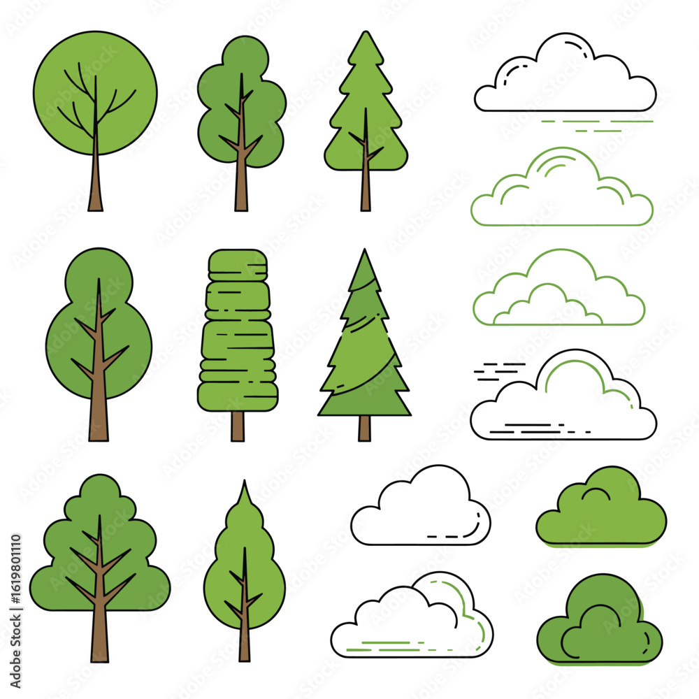 Fototapeta premium Collection of stylized trees and clouds in flat design style for nature graphics and illustrations