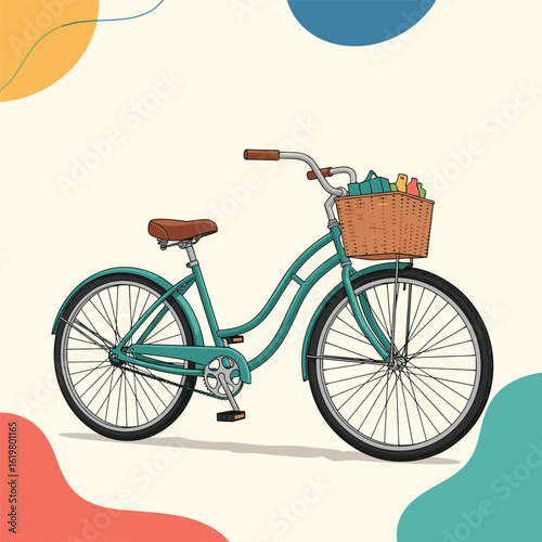 Charming teal cruiser bicycle with wicker basket filled with fresh produce