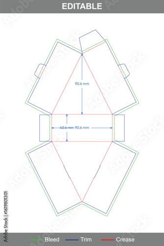 Snap lock triangular envelope dieline with custom polygonal dimensions, ideal for secure folding paper boxes, printable packaging designs, and creative envelope box mockups