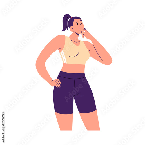 Pensive thinking woman in sportswear. Puzzled confused concerned unsure female doubting. Thoughtful questioning wondering expression, sports girl. vector illustration isolated on white background