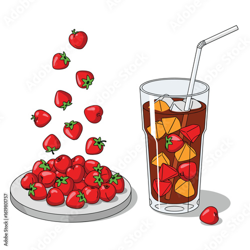 A refreshing drink with strawberries and ice cubes plus a plate of fresh strawberries