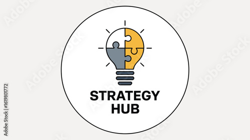 A strategy hub logo featuring a lightbulb made of puzzle pieces inside of a white circle design