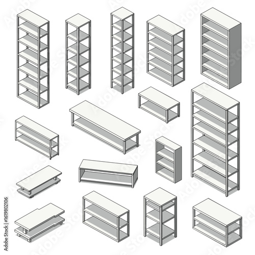 Collection of various shelving units and storage rack designs for home and office organization