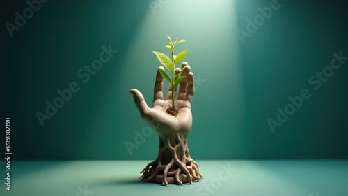 A small plant grows in a hand-shaped pot.