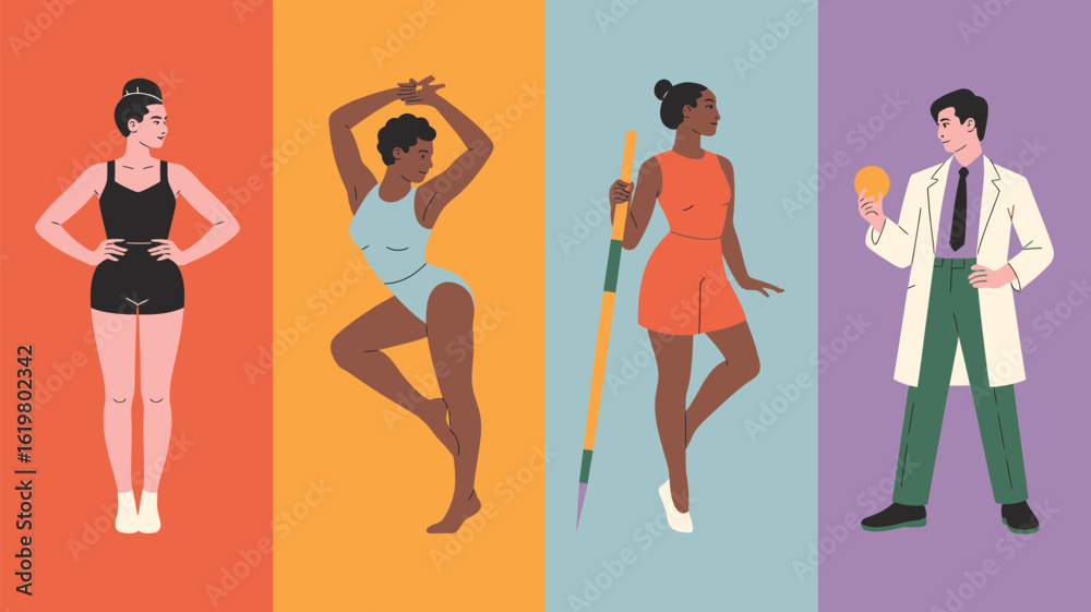 Fototapeta premium Illustrated figures of diverse individuals in various poses and professions against colored backgrounds