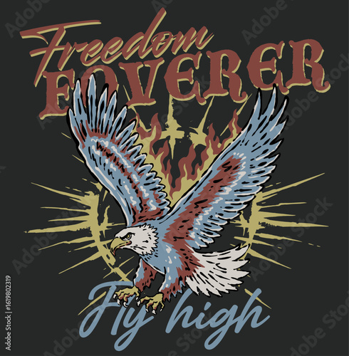 Rock and roll. Eagle spirit graphic print design for apparel, stickers, posters and background. Freedom forever. Rock star design. Eagle fly vector artwork for t shirt and others.