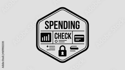 A black and white illustration of a spending check badge with financial icons and padlock symbol