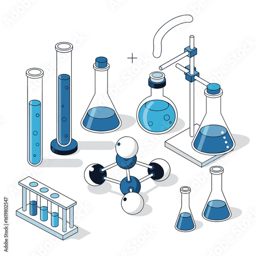 Scientific laboratory equipment and glassware for chemistry experiments and research studies with molecular models and liquid samples