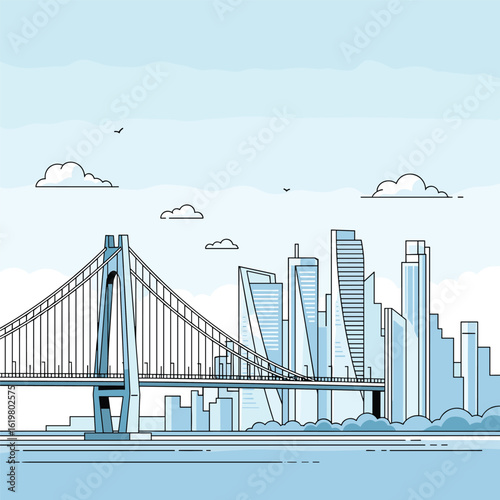 Modern cityscape with a suspension bridge and tall buildings under a cloudy sky vector illustration