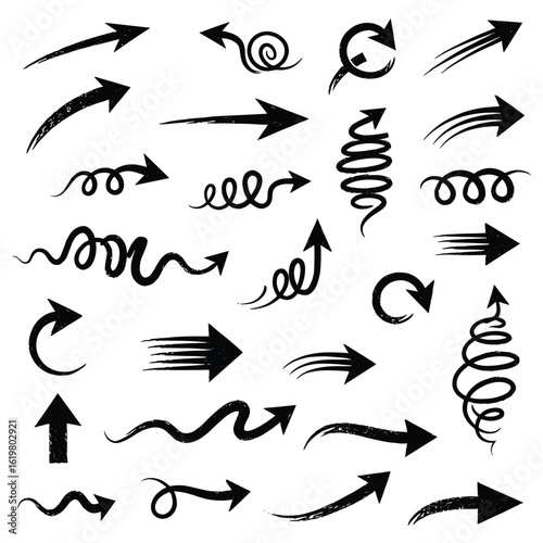 Collection of dynamic hand drawn arrows illustrating directional movement and growth concepts
