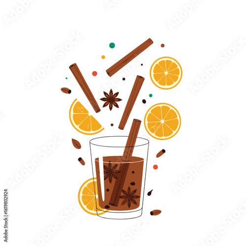 Warm spiced orange and cinnamon beverage with star anise and cloves for cozy winter holidays