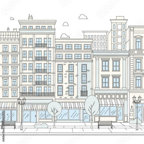 Charming urban streetscape with traditional buildings and lush trees offering a serene city vibe