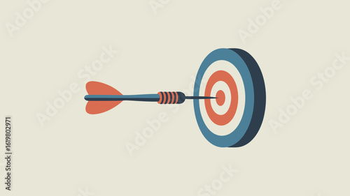 Dart hitting the bullseye on a target with concentric circles in shades of red and blue on beige background