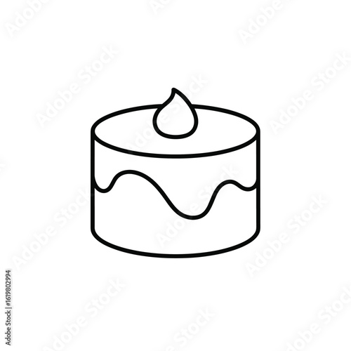 A simple black and white outline drawing of a round cake with frosting and a single swirl on top perfect for decorations