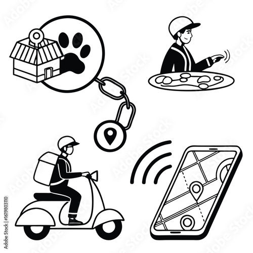 Illustration of delivery service icons including a pet shop, pizza delivery, scooter, and gps tracking app