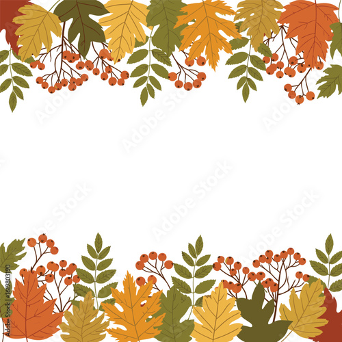 Beautiful autumnal foliage border decoration with berries and falling leaves arrangement