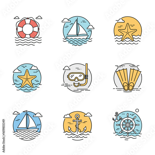 Collection of nautical and ocean adventure icons featuring marine life and sailing elements