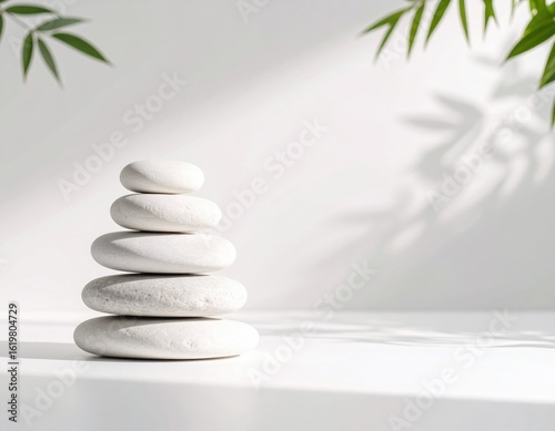 Serene stack of polished white stones carefully balances in a tall tower, illuminated by soft natural light and subtle leaf shadows.