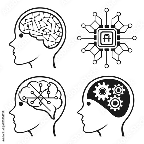 Illustrations depicting artificial intelligence and human brain function with various symbolic representations