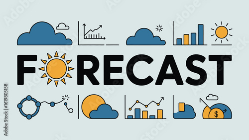 A graphic illustration featuring the word forecast with weather and financial icons around it