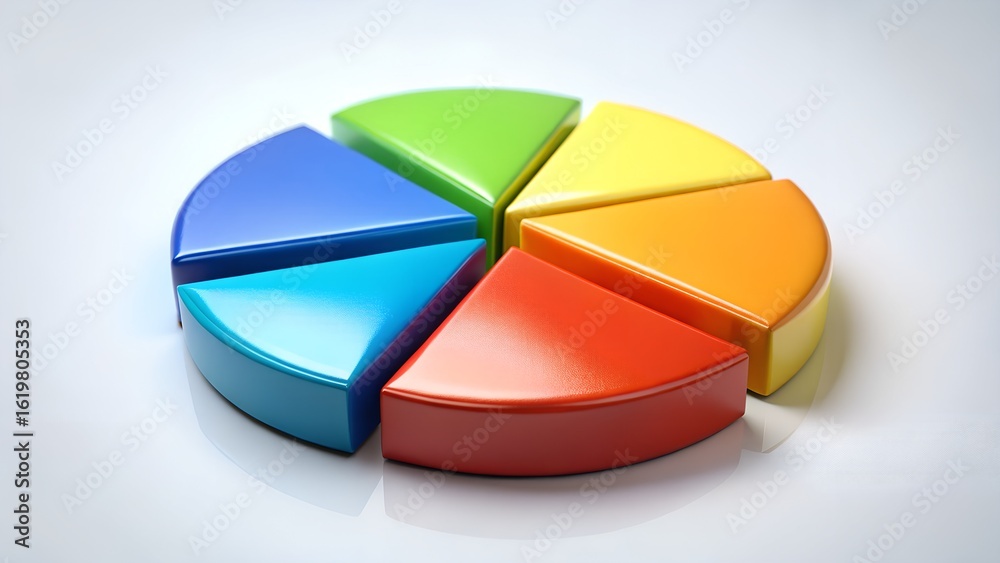 Obraz premium Colorful pie chart divided into segments, representing data analysis, business strategy, and successful planning, isolated on white background