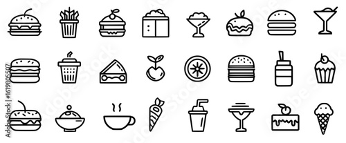 set line icons. Collection of food icons featuring burgers, fries, desserts, drinks, and snacks, illustrated in a minimalist style, perfect for menus, websites, and food-related designs