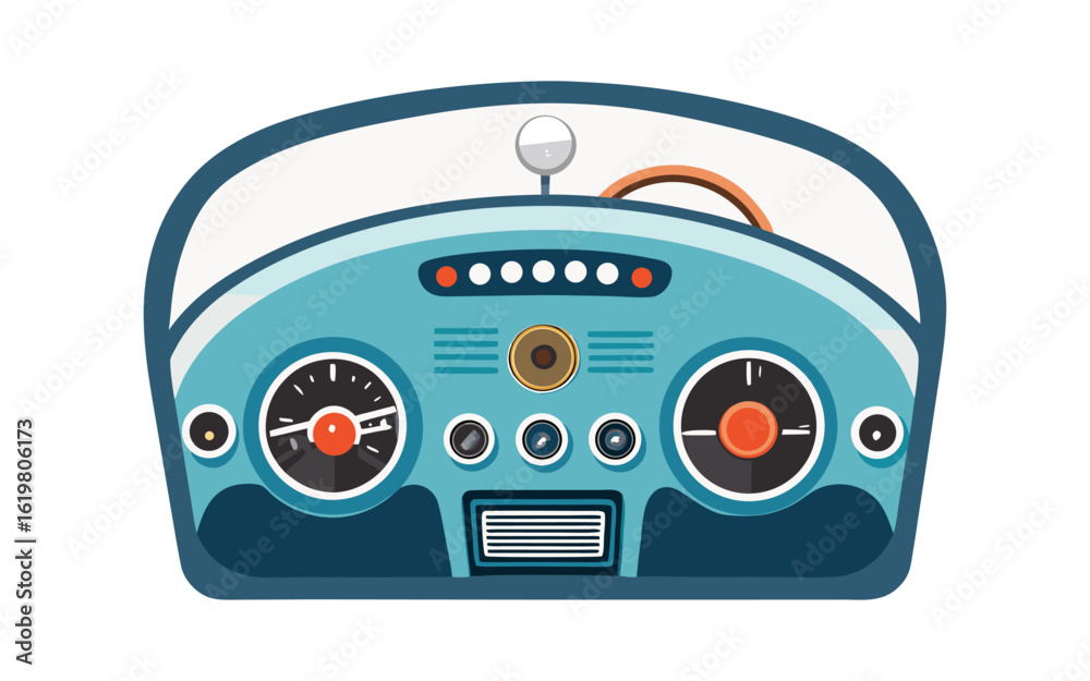 Fototapeta premium Top-Down Clean Vector Illustration of a Vintage Car Dashboard with Classic Dials and Retro Design Elements – Perfect for Automotive Art