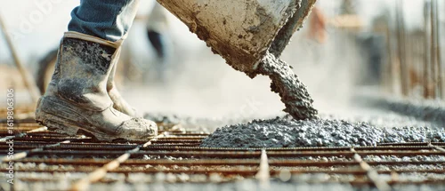 Panel kuchenny z motywem Crafting a solid foundation as concrete flows onto steel grid at a vibrant construction site