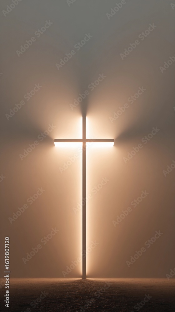 Naklejka premium Ethereal cross illuminated by soft light in foggy landscape creates a serene atmosphere at twilight, symbolizing hope and reflection