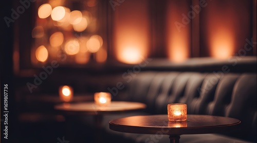 blurred image of an underground cocktail bar with velvet booths, glowing candlelight, and soft amber lighting reflecting off dark walls, creating a romantic nighttime atmosphere