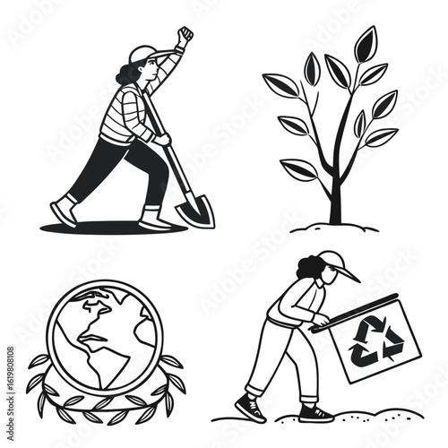 Illustration showing a woman planting a tree, a tree sapling, earth with leaves and a recycle sign held by person