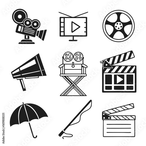Icon Set Vector Featuring Movie Industry Symbols in Modern Outline Style with Editable Film Camera Clapperboard and Director Chair