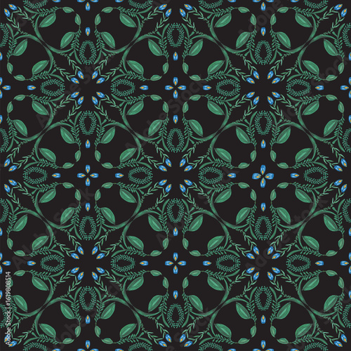 Vector floral seamless pattern from hand painted flowers and leaves on a black background