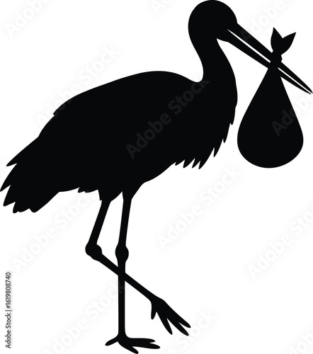 Stork silhouette delivering baby bundle