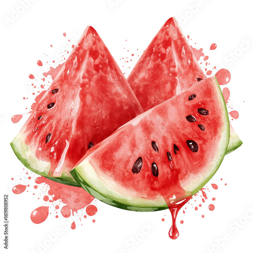 Vibrant watermelon slices adorned with artistic splashes on an isolated transparent background for