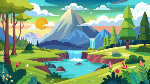 Vector art of vibrant cartoon landscape with a majestic mountain, cascading waterfall, and winding river through a lush green valley under a bright sky with fluffy clouds
