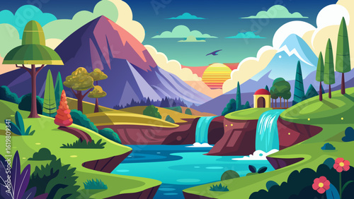 Vector art of enchanting cartoon landscape featuring dramatic mountains, a serene river with waterfalls, and a small building on a hill under a vibrant sunset
