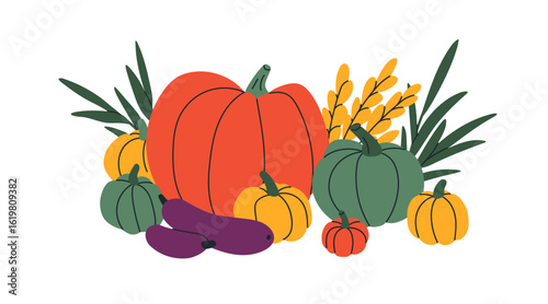 Pumpkin and aubergine, farm vegetables. Fresh healthy autumn harvest. Organic...