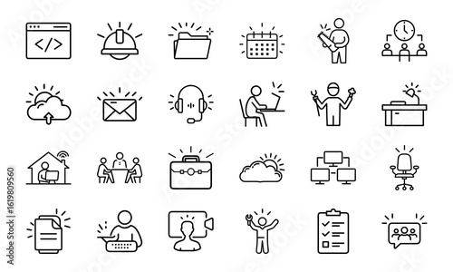 An icon pack featuring a diverse range of outline symbols for business, technology, productivity, and professional services.