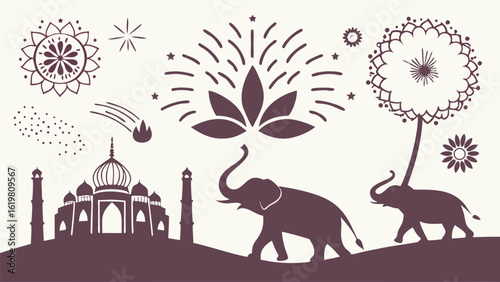 Elegant Indian-inspired illustration featuring elephants, fireworks, the Taj Mahal, and floral elements; whimsical, celebratory mood; vector graphic style.