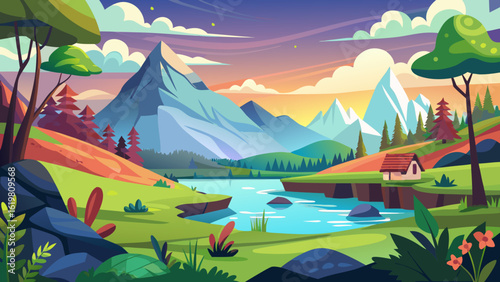 Vector art of vibrant cartoon landscape with majestic mountains, a winding river, lush green hills, and a cozy cabin under a colorful sunset sky, evoking a sense of tranquility and natural beauty