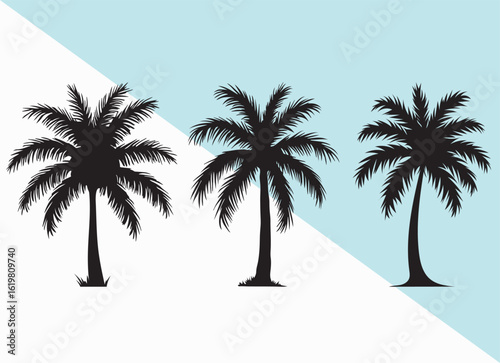 Tropical Palm Tree Silhouette Vector Set – Black Coconut Trees Isolated on White Background for Summer Beach Decorate and Nature-Themed Graphic Designs