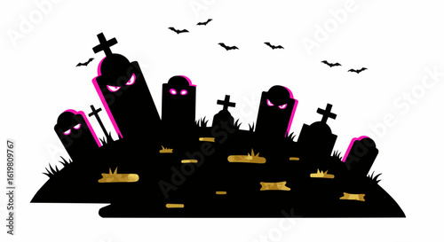 Spooky Cemetery Silhouette at Night. 