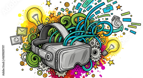 A virtual reality headset is surrounded by swirling lines, lightbulbs, gears, and other colorful abstract shapes.