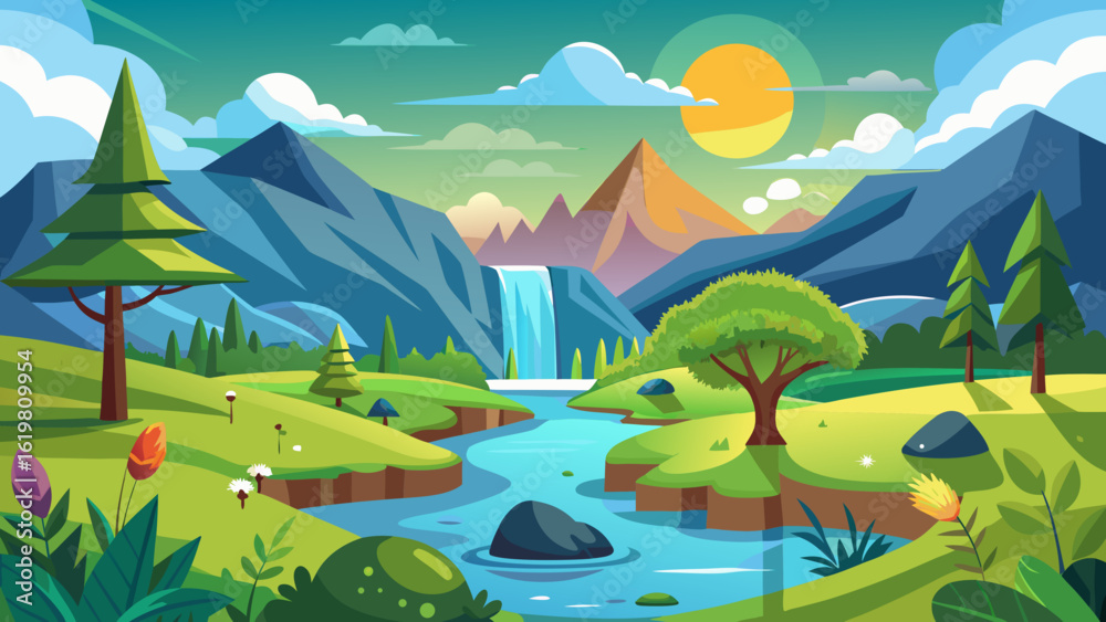 Fototapeta premium Vector art of vibrant cartoon landscape with a winding river flowing through a lush valley towards majestic mountains and a distant waterfall under a bright sun and fluffy clouds